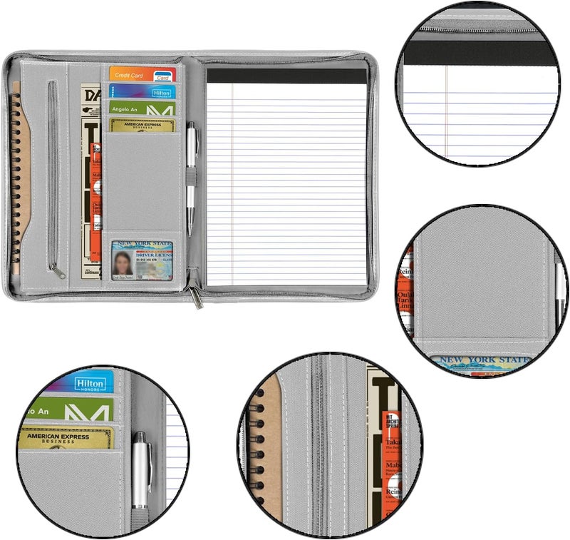Gorbado Zippered Portfolio Organizer/ A4 Refillable Lined Writing Notepad Folder Case/Fabric-Covered Padfolio Binder with Interior Storage Pocket for Men Women, Gray. - Image 5